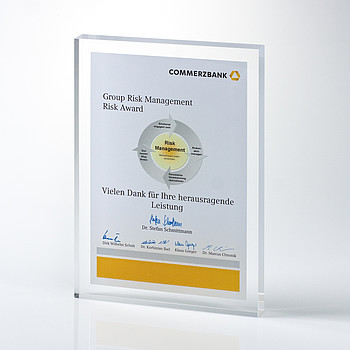 Financial tombstone made of clear acrylic glass „Commerzbank”