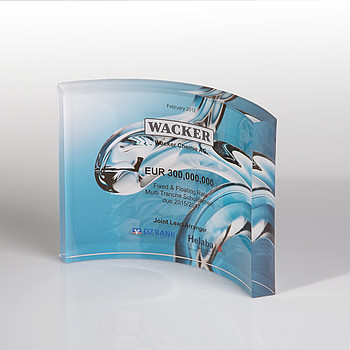 Financial tombstone made of clear acrylic glass „Wacker“