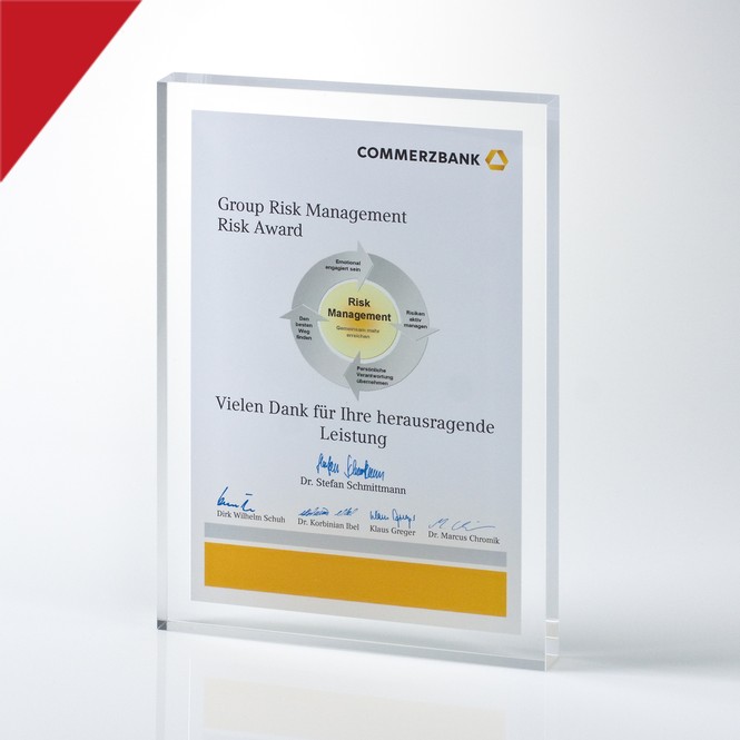 Financial tombstone made of clear acrylic glass „Commerzbank”